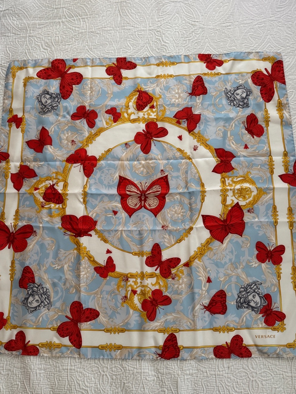 Versace NWT Red & Pale Blue Butterfly Silk Scarf with Gold Accents in BOX